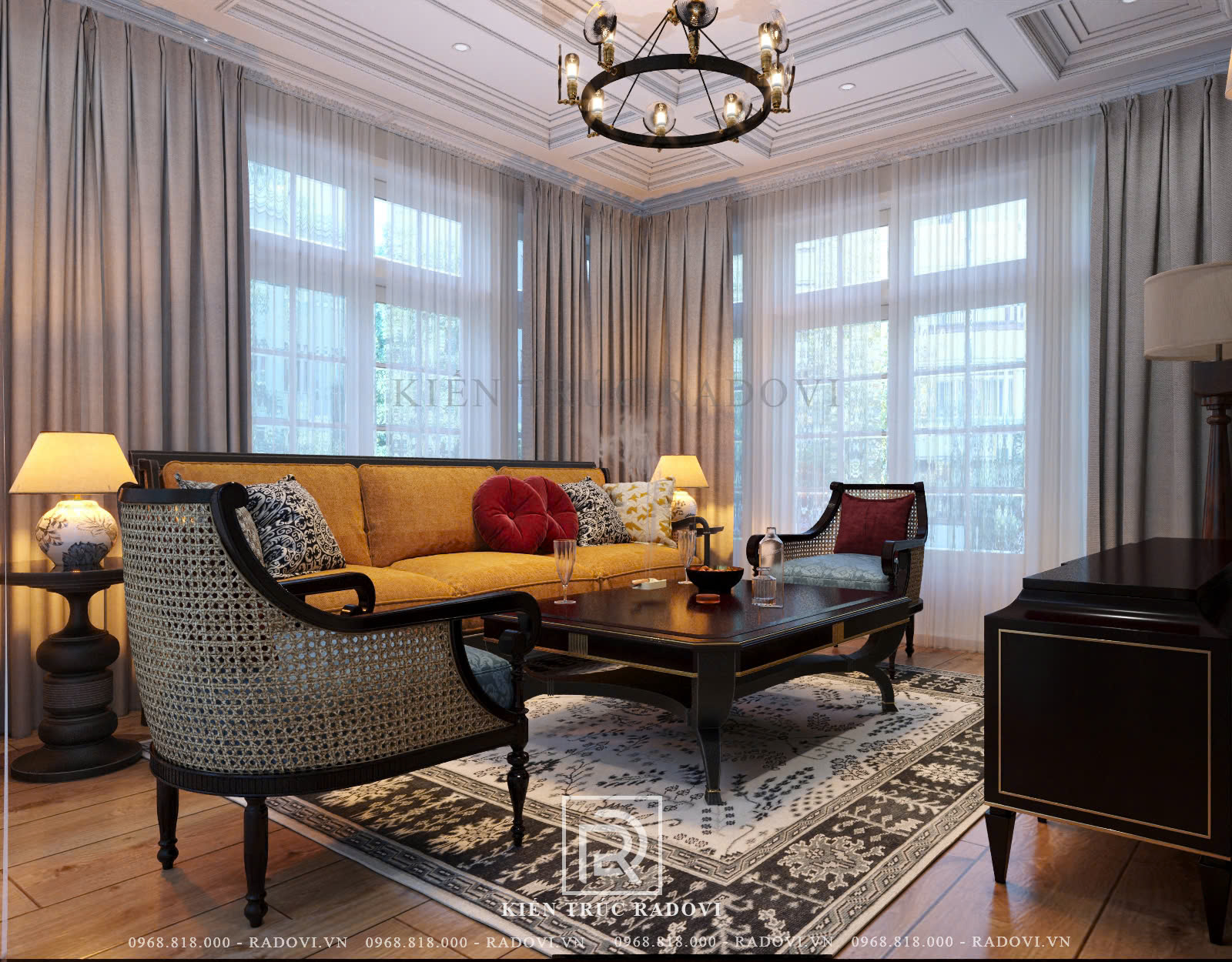 Phòng khách Indochine với ánh sáng ấm cúng