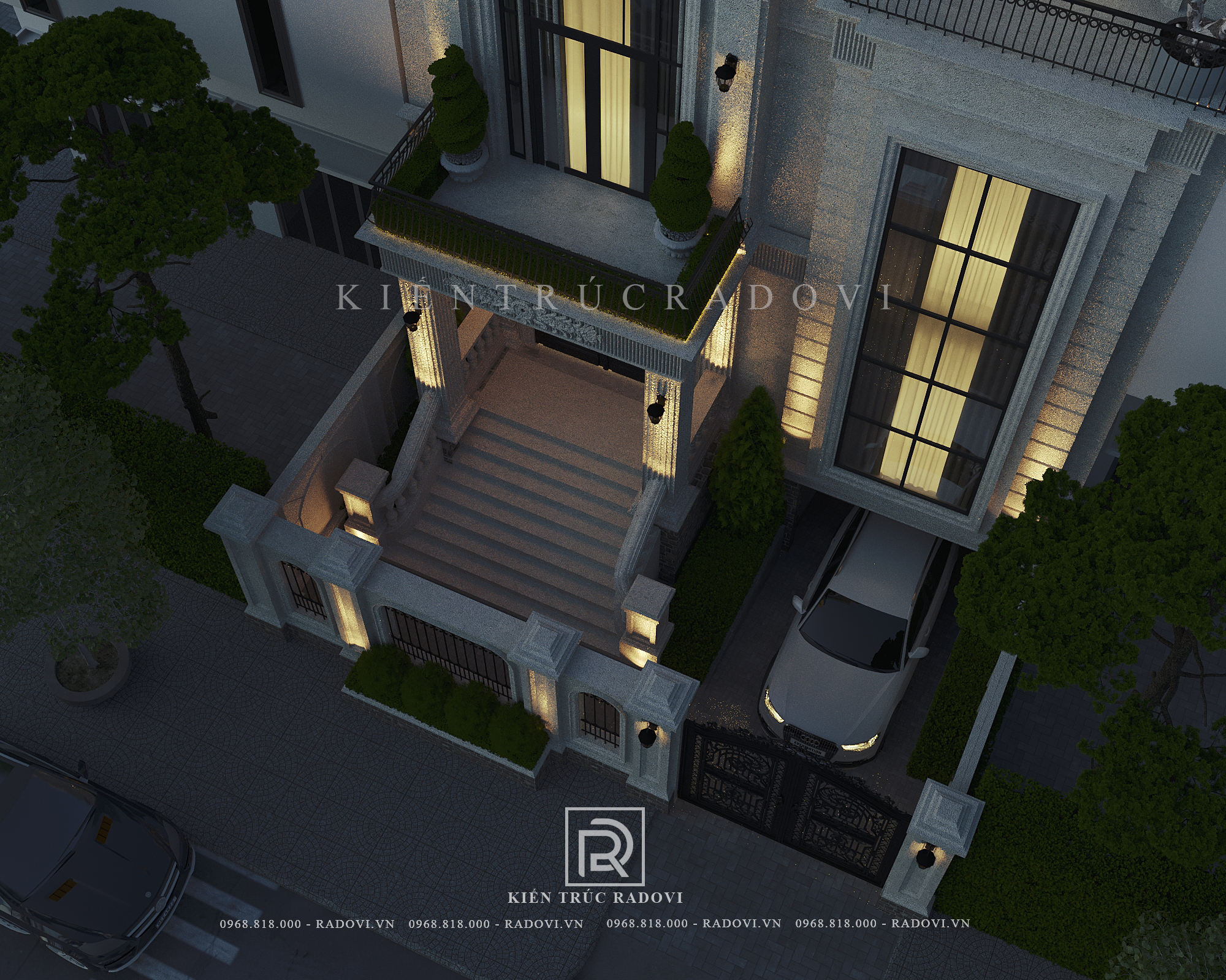 Biệt thự phố về đêm nhìn từ trên xuống