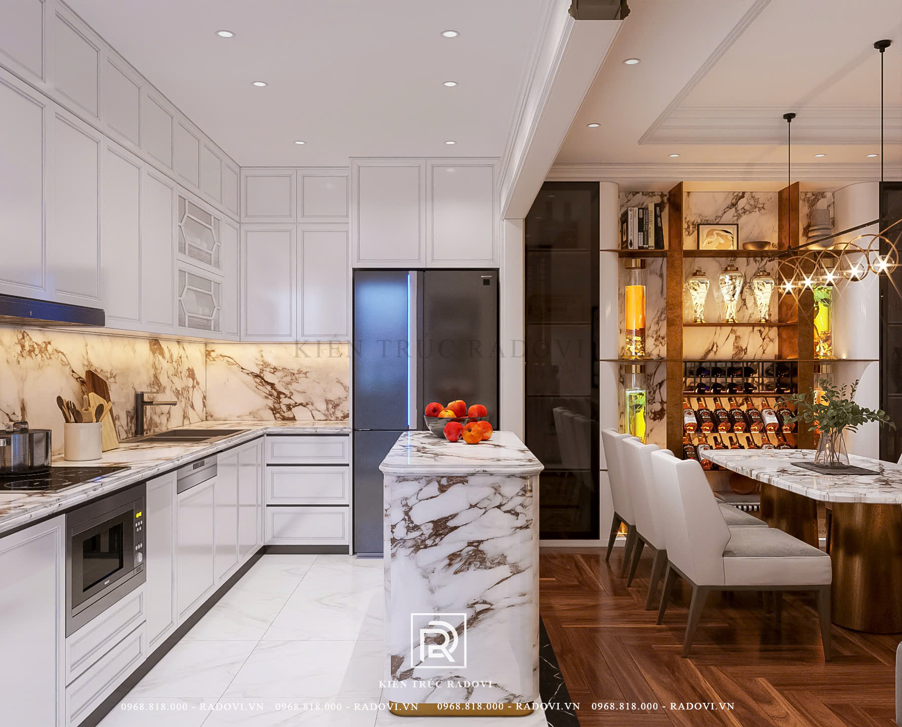 Bếp và bàn ăn không gian mở trong căn hộ chung cư