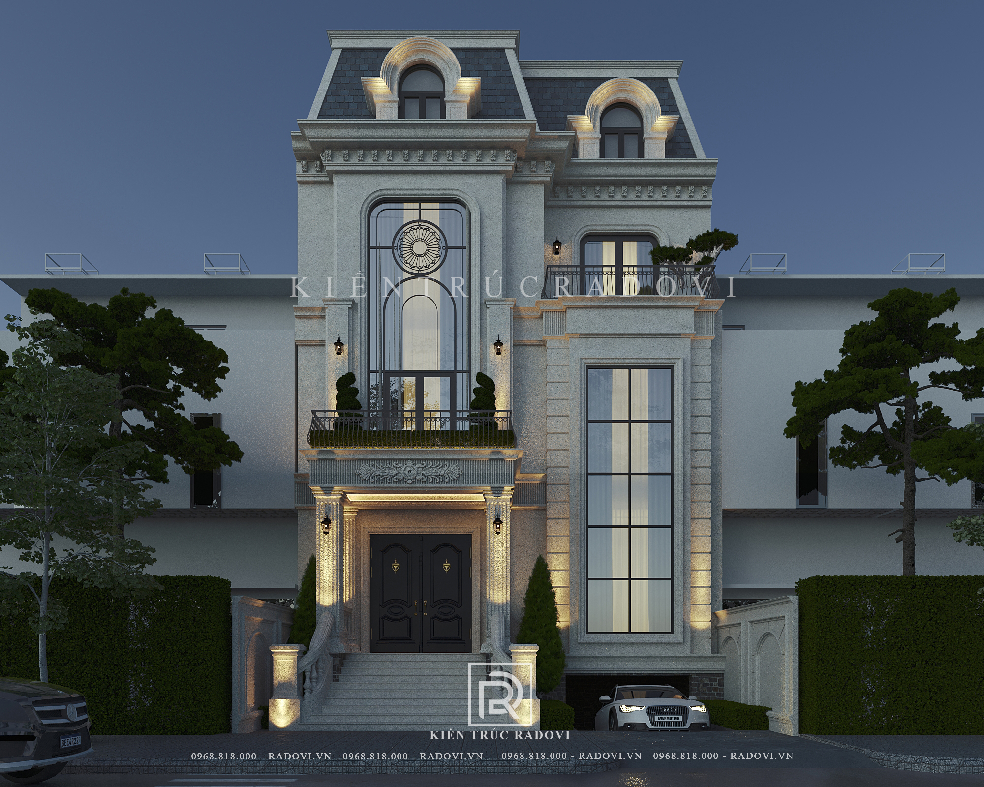 Biệt thự phố về đêm nổi bật giữa phố phường