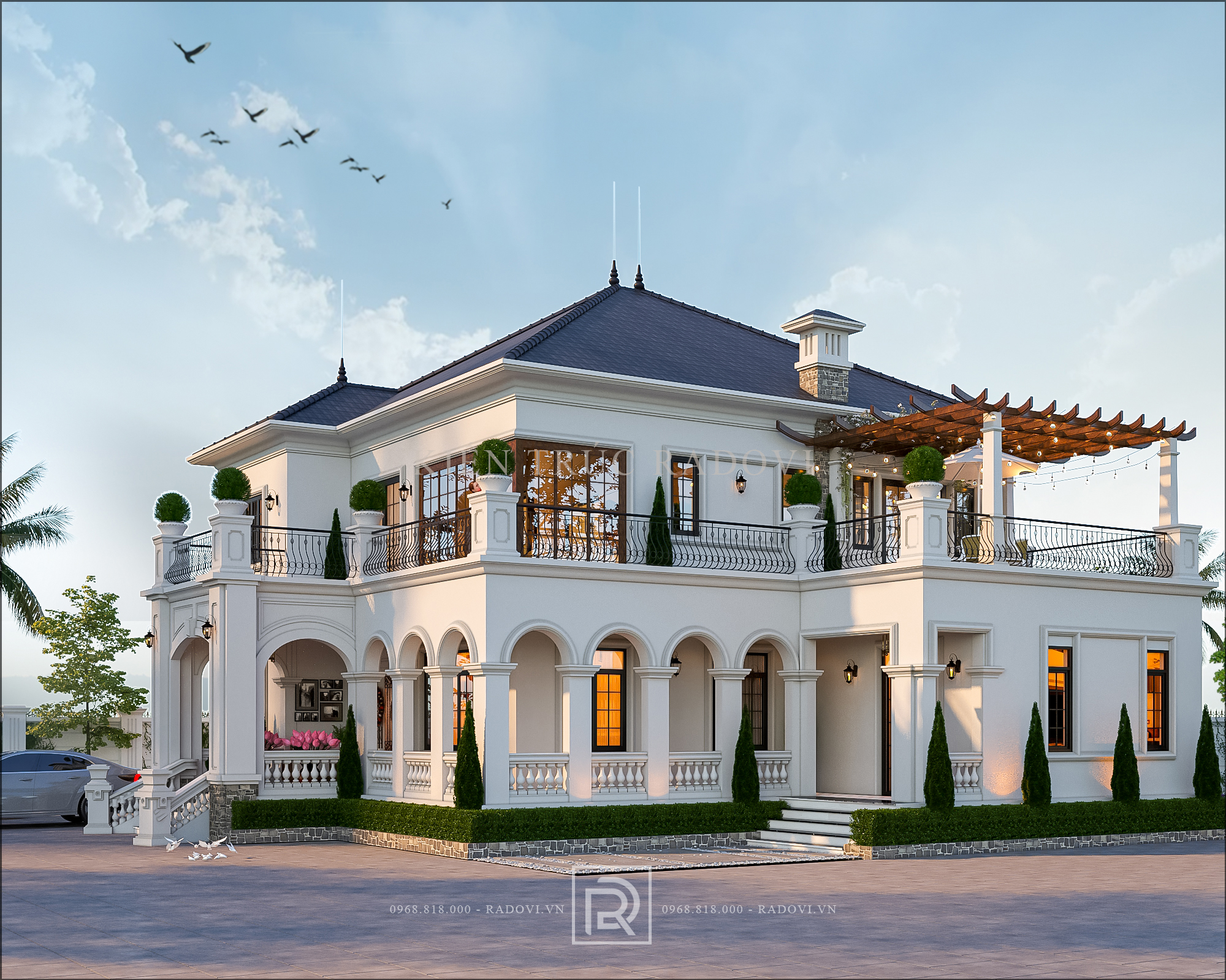 Mặt tiền phụ biệt thự vườn tân cổ điển 2 tầng