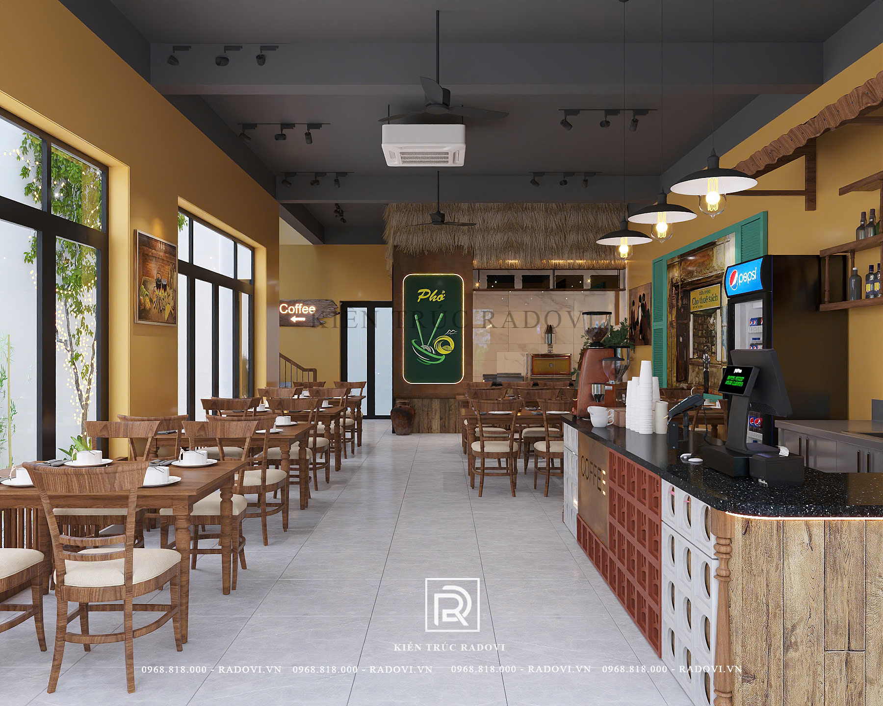 Thiết kế nội thất tầng 1 quán phở kết hợp cafe