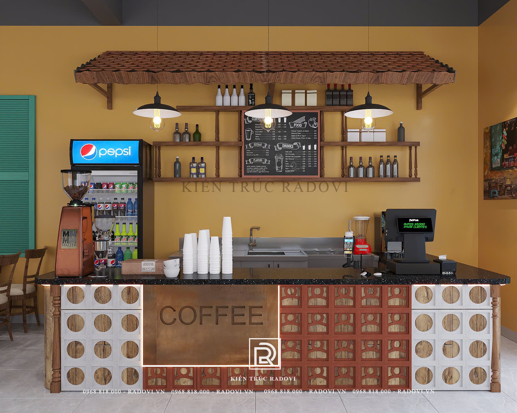 Quầy pha chế quán phở kết hợp cafe