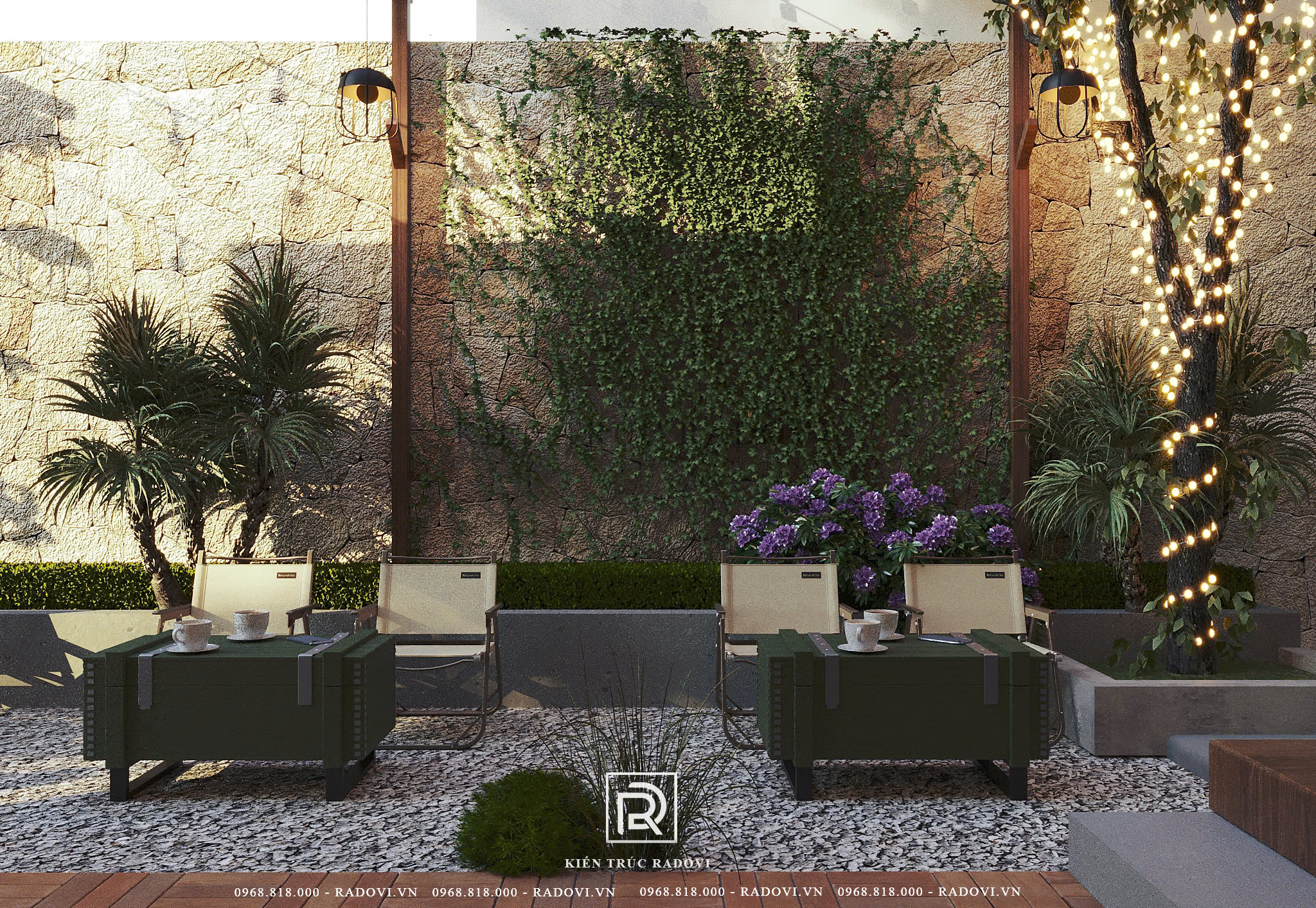 sân vườn quán phở kết hợp cafe xanh mát