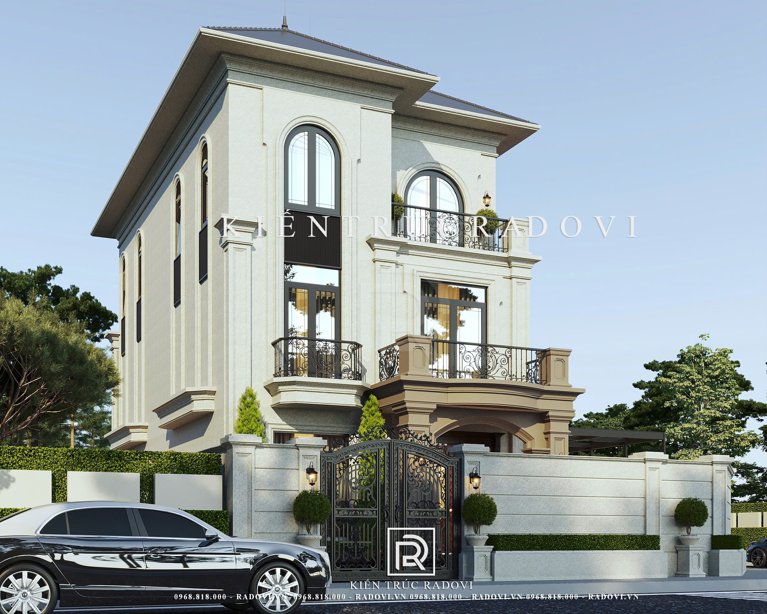 Biệt thự tân cổ điển 3 tầng góc nhìn từ cổng chính